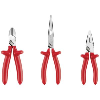 Three different red pliers: side cutters, long-nose pliers and combination pliers, arranged side by side on a white background.