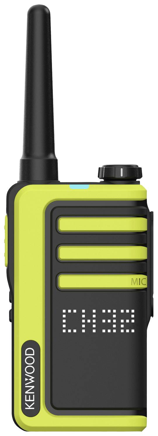 Handheld radio transceiver in neon yellow and black with a digital display showing 'CH18'. Brand name on the side.