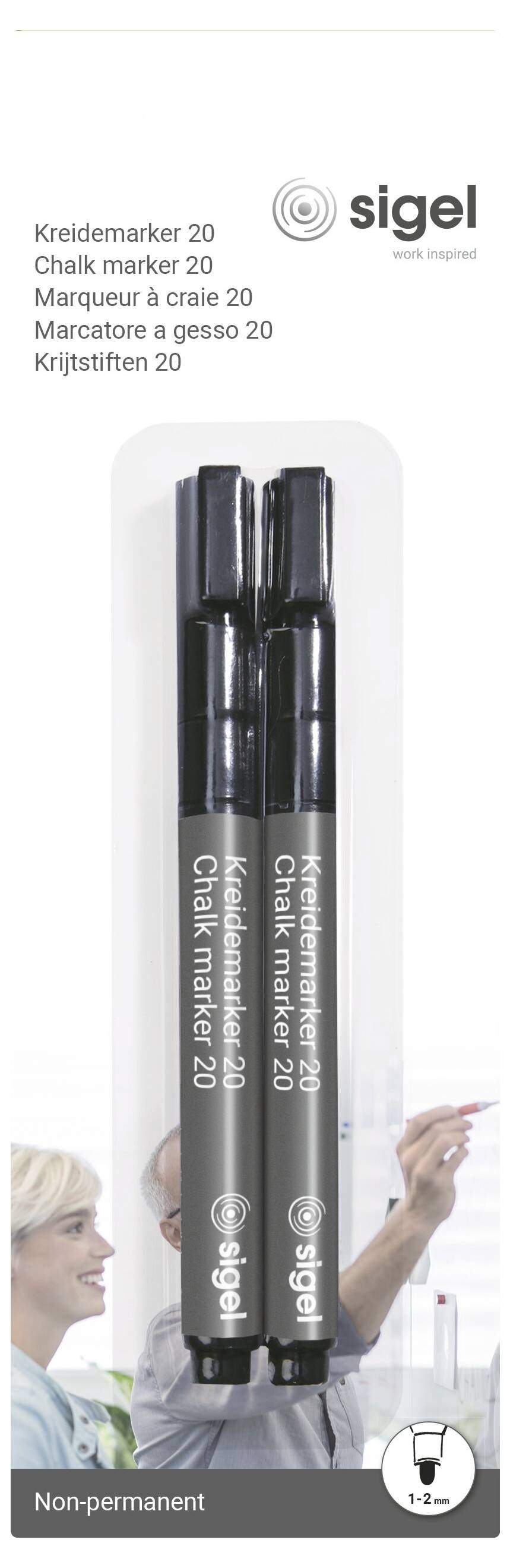 Sigel non-permanent black chisel-tip markers, pack of 2, with the labels 'Kreidemarker 20', 'Chalk marker 20', and 'Marqueur à craie 20'.