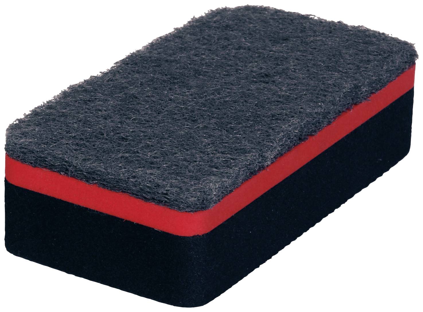 A rectangular board eraser with a black and red layer, used for cleaning whiteboards.