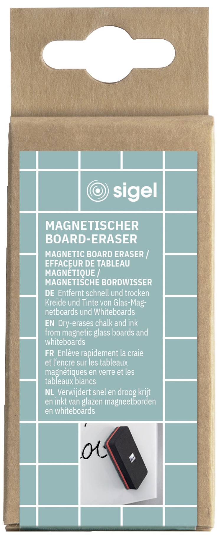 Cardboard packaging for a magnetic whiteboard eraser by Sigel, with description in multiple languages on the front.