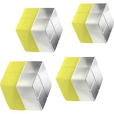 Four identical dice, each with yellow and silver faces, arranged in a square pattern.