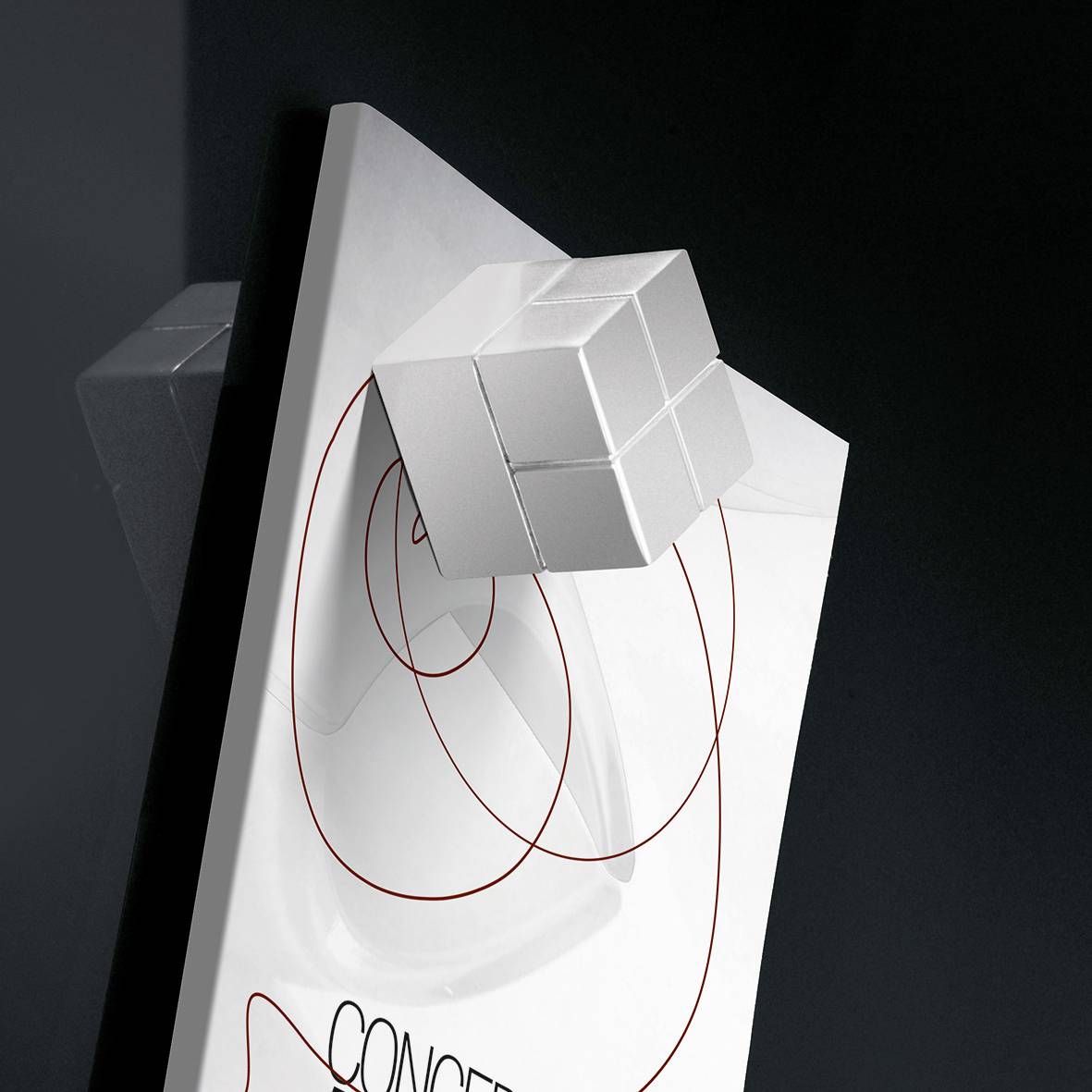 White cube, suspended in front of an abstract artwork with red lines on a black background; theme: concept and symmetry.