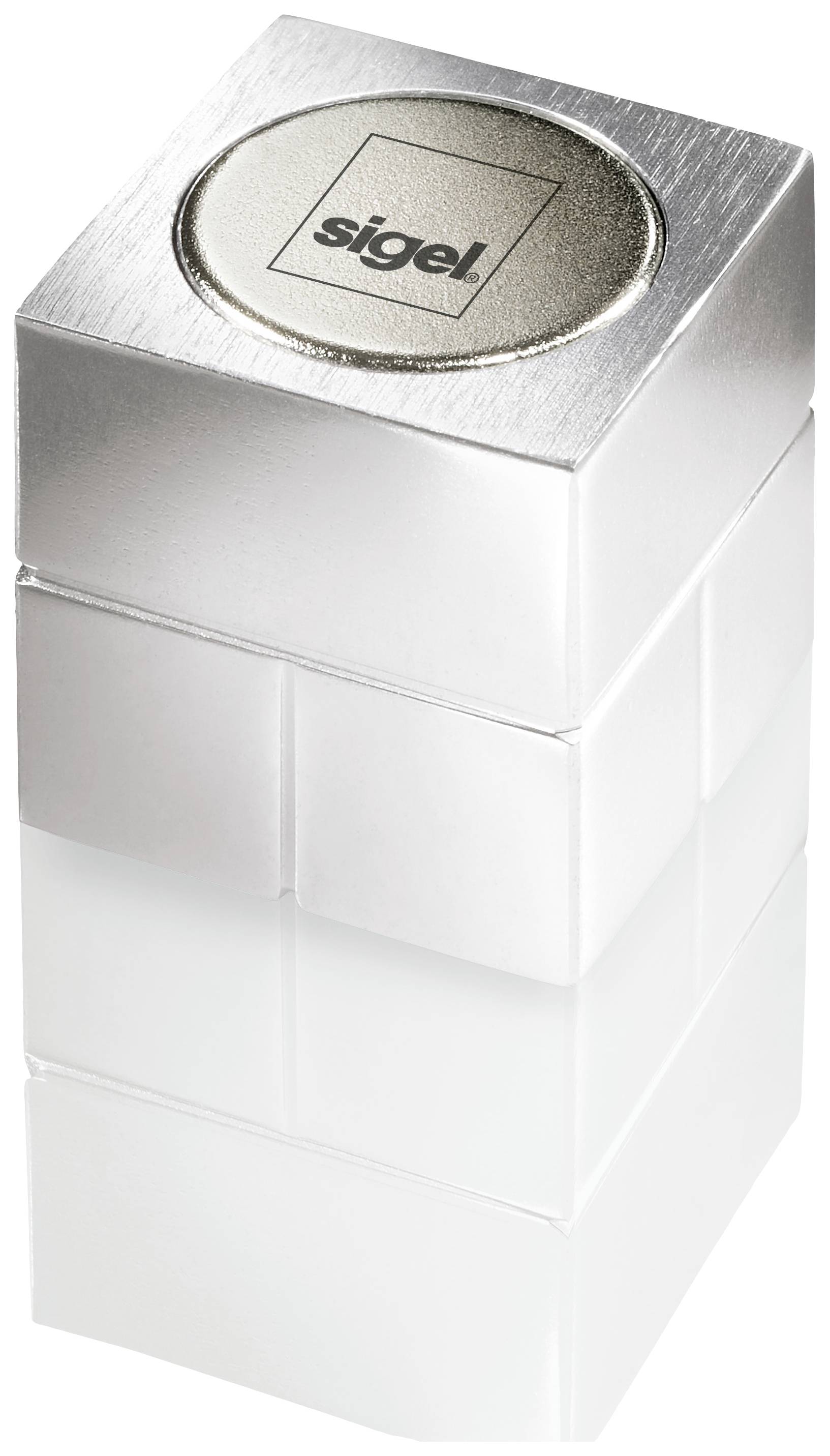 A silver, cube-shaped stamp with the label 'sigel' on the cap.
