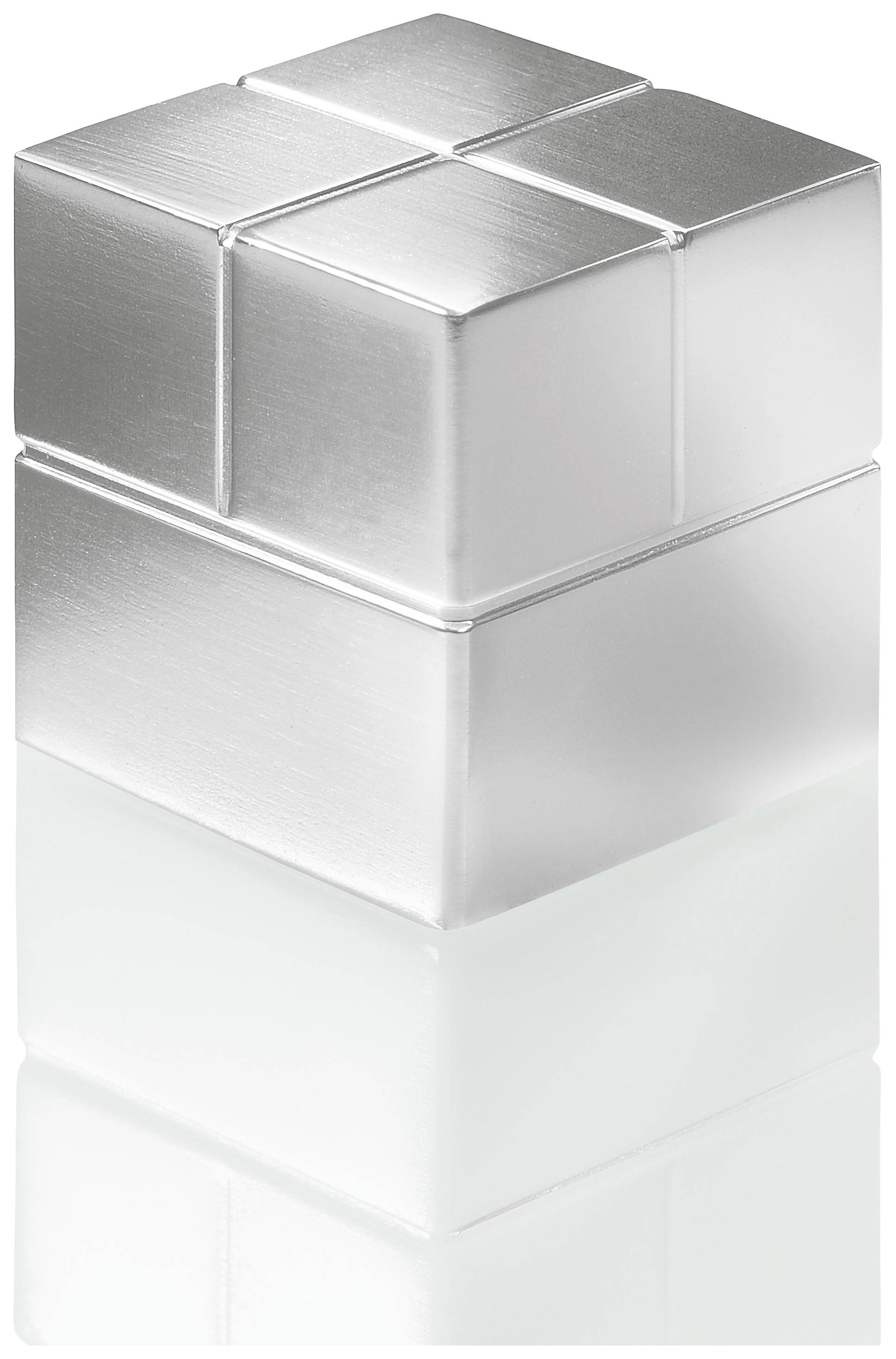 Silver, cube-shaped perfume bottle with a gleaming, reflective surface, consisting of multiple small cubes on a white background.