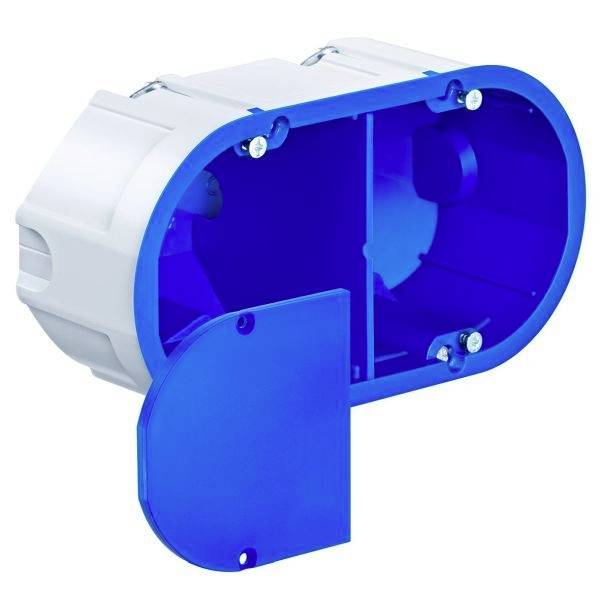 Plastic flush-mounting box with blue interior and white exterior, opened. Suitable for electrical installations in walls.
