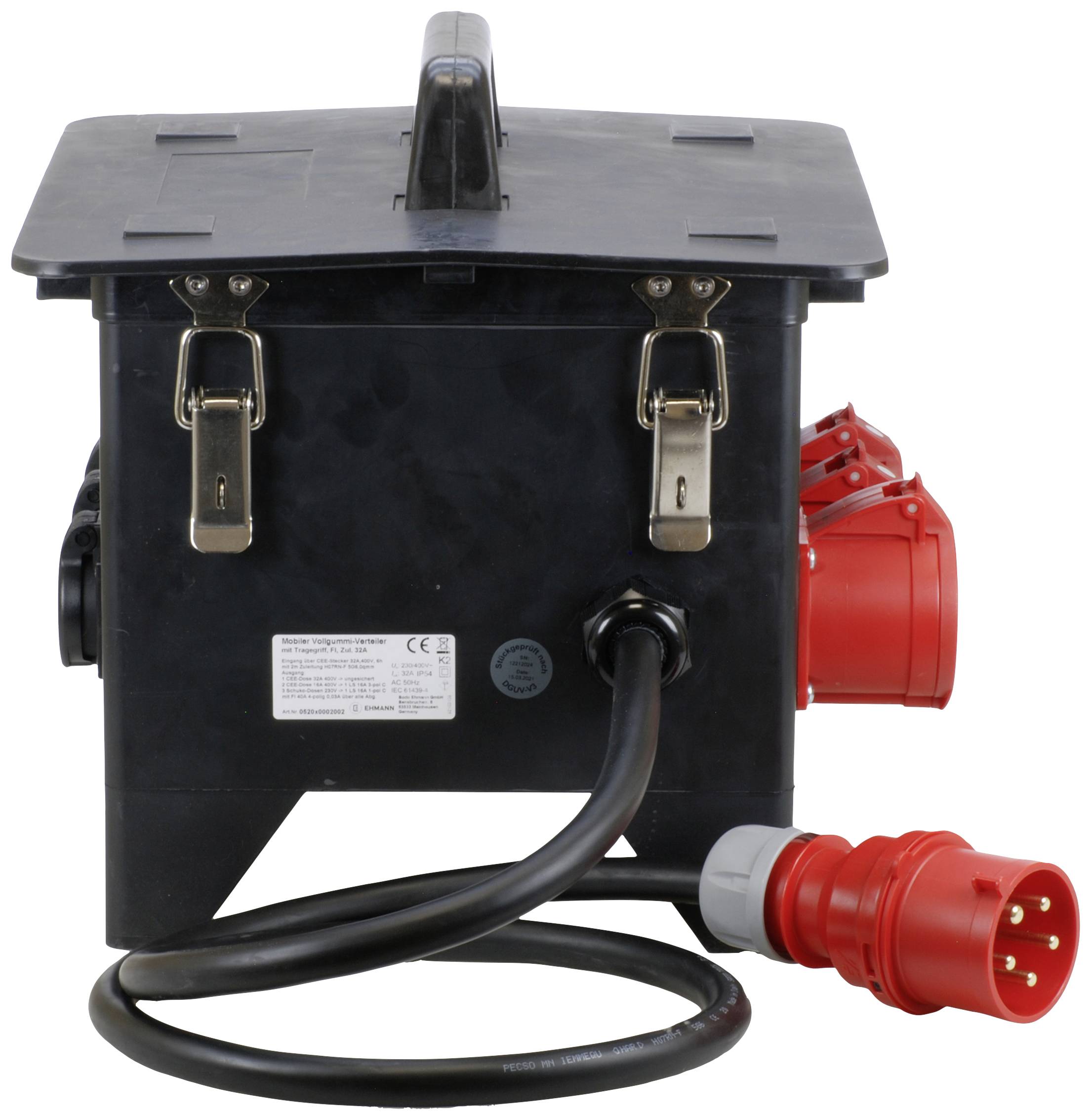 Black, portable electrical distribution box with a red plug and multiple sockets; suitable for construction sites or events.