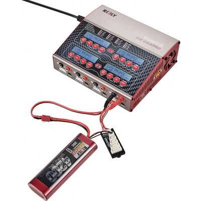 'A charger with a digital display and a connected battery. Various cables are connected. Marking: Reely.'