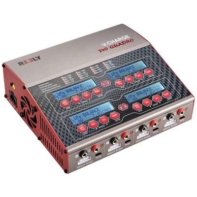 Charger with four digital displays and multiple ports for charging LiPo batteries, brand name 'Reely' visible.