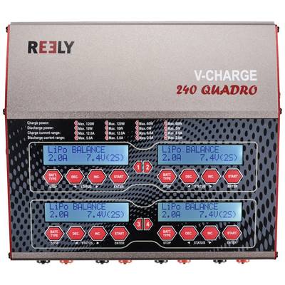A charger with four digital displays that charges LiPo batteries in balance mode. Displays '2.0A 7.4V(2S)' on each display.
