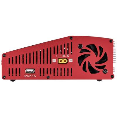 A red device with a fan and USB port, input 11-18V/DC, power output 5V/2.1A. Suitable for electronic applications.