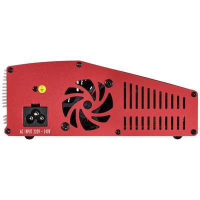 Red electrical voltage converter with fan, ventilation slots and power plug. Labelled with 'AC INPUT 220V - 240V'.