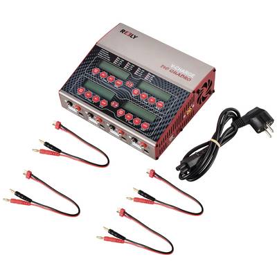 A charger with four outputs, display for voltage and current, and six connection cables with crocodile clips. Mains cable included.