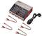 A charger with four outputs, display for voltage and current, and six connection cables with crocodile clips. Mains cable included.