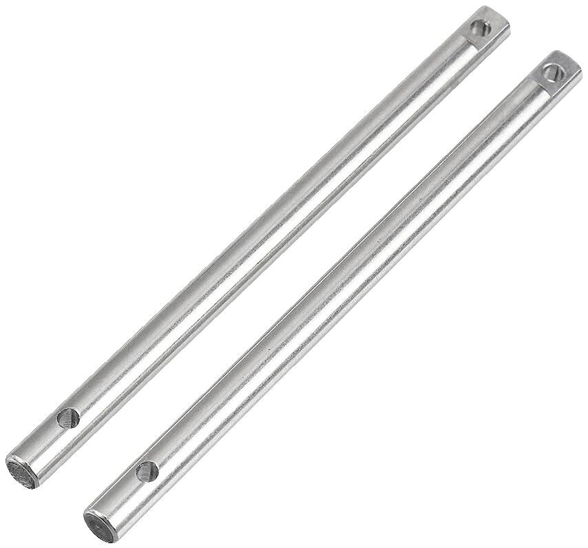 Two silver metal pins with two holes at each end, lying parallel to each other on a white background.