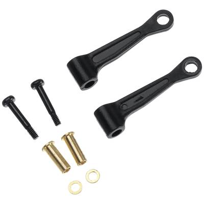 Two black lever arms, two screws, two golden sleeves and two washers on a white background. Spare parts set.