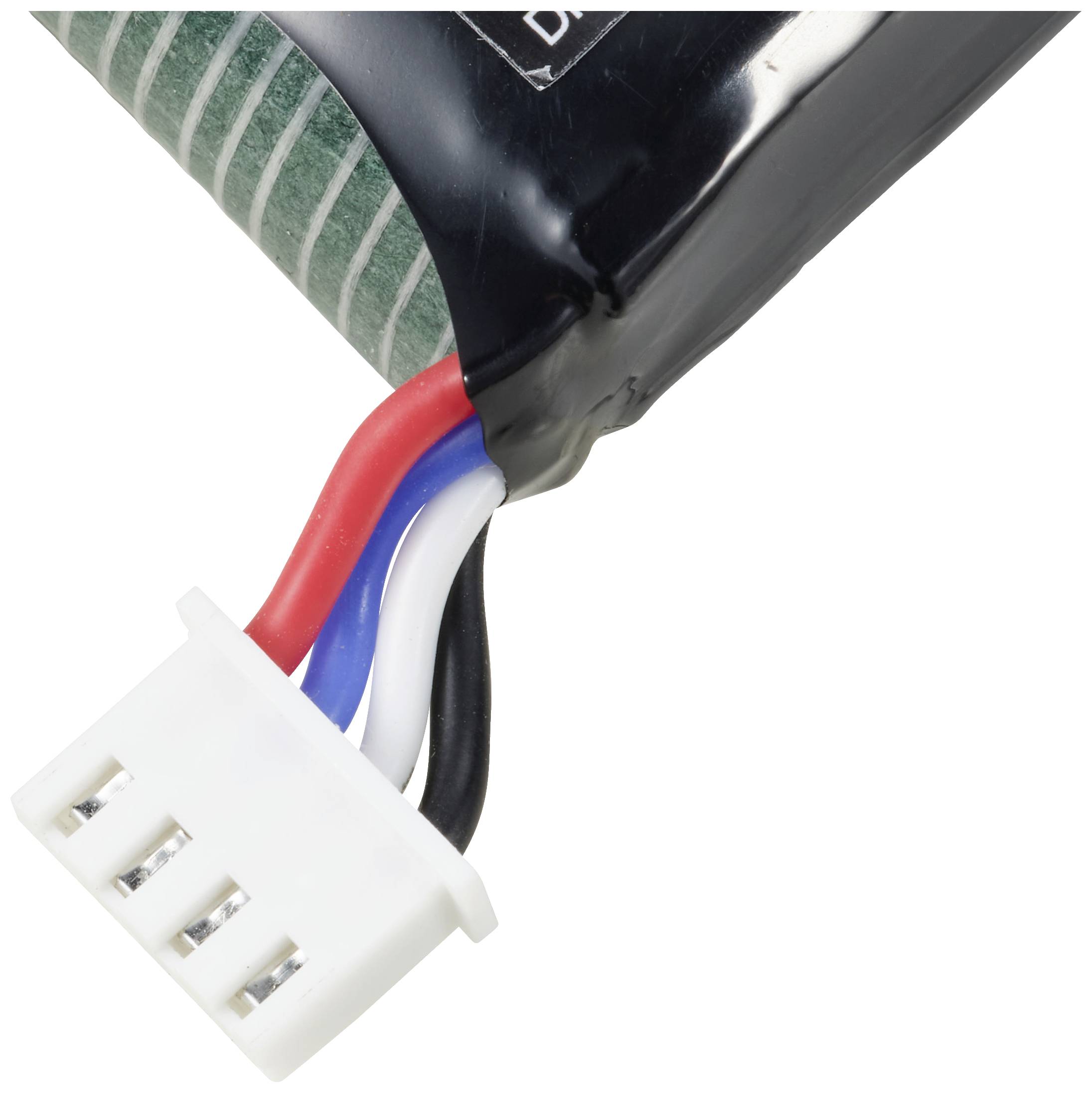 A lithium-ion battery with a four-core plug, cables in red, blue, black and white, shows the connection area.