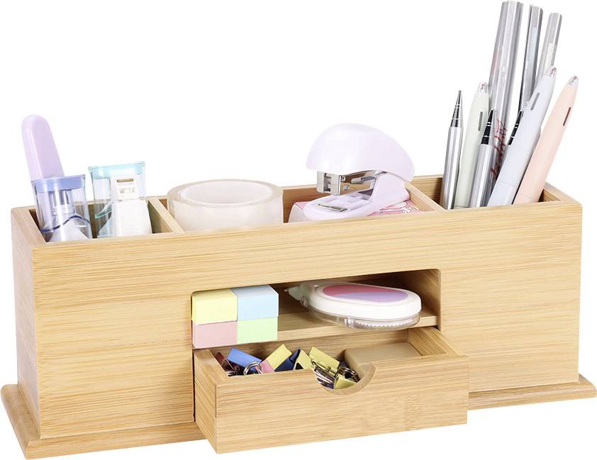 A wooden desk organiser with compartments for pens, paperclips, a stapler and sticky notes saves space and keeps everything tidy.