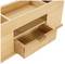 Wooden storage box with an open drawer and multiple compartments for storage.