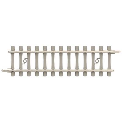 Railway track section from the side, grey tone, suitable for model railway.
