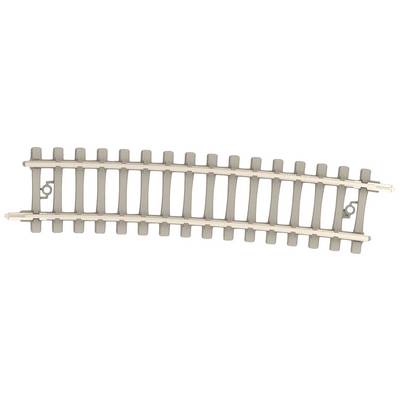 A slightly curved plastic railway track with rails and sleepers. This could be part of a model railway set.