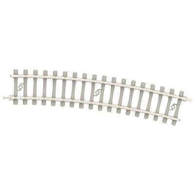 A curved segment of a model railway track, slightly tilted to the left and depicted against a white background.