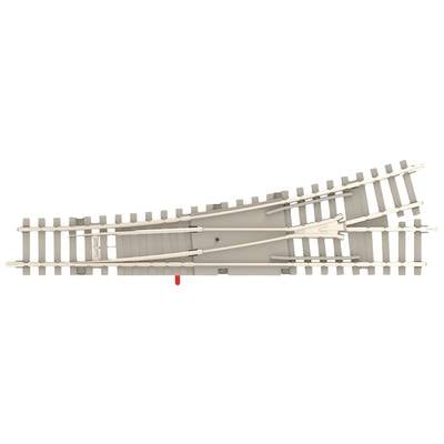 Railway points on a grey background, showing the transition between two railway tracks.