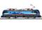 SBB Cargo International train, blue, with white and red details. Adorned with mountains on the side, positioned on the track.