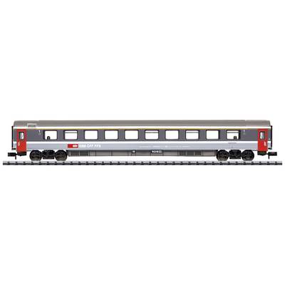 A grey and red railway passenger carriage of SBB CFF FFS on tracks, showing typical window arrangement and doors of passenger coaches.