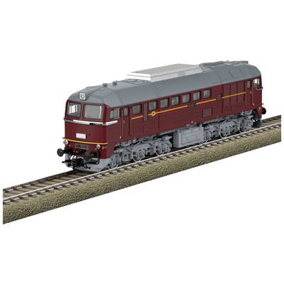 Red model of a diesel locomotive on a track, detailed in design, side view, showing realistic features of a genuine locomotive.