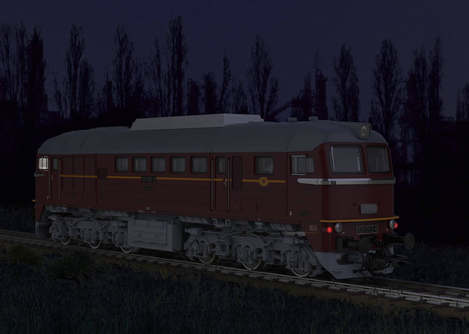 An old, red diesel locomotive travels through the night on tracks, surrounded by dark trees in the background.