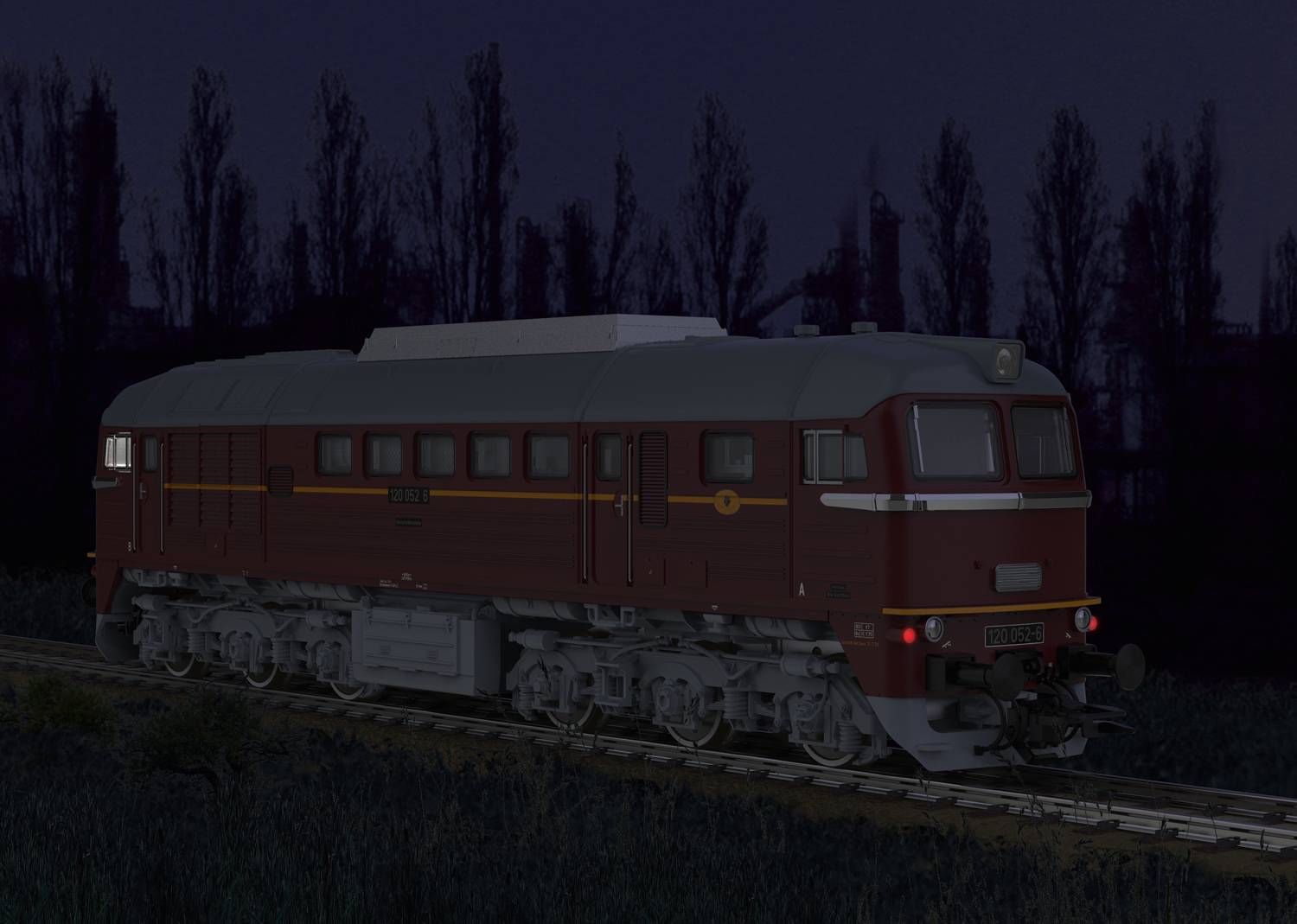 Dark background with train on track. The train is red and travelling through a nocturnal woodland landscape. Trees in the background.