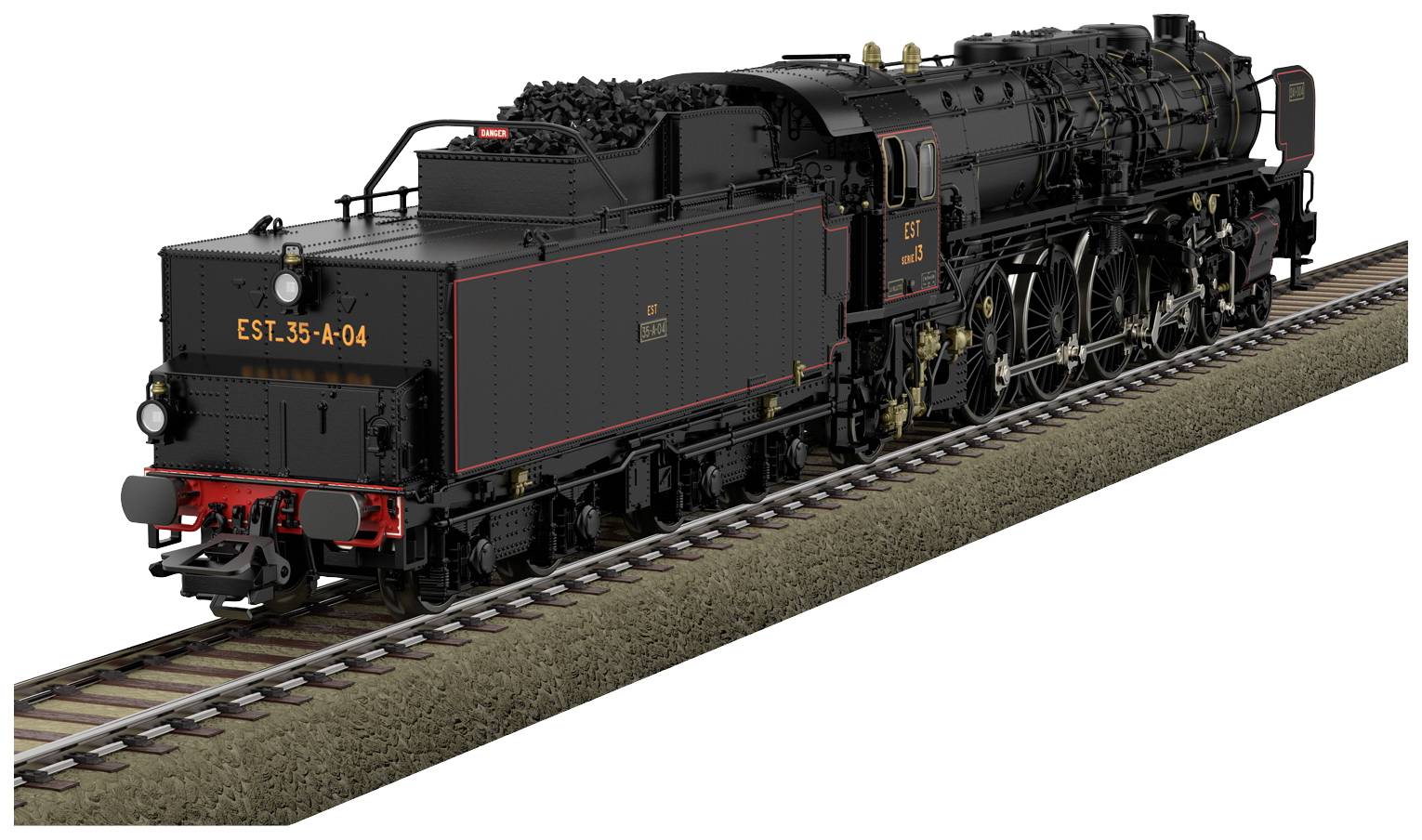 A historic steam locomotive on a railway track. The locomotive is black, with red details, and displays the inscription 'EST 35'.
