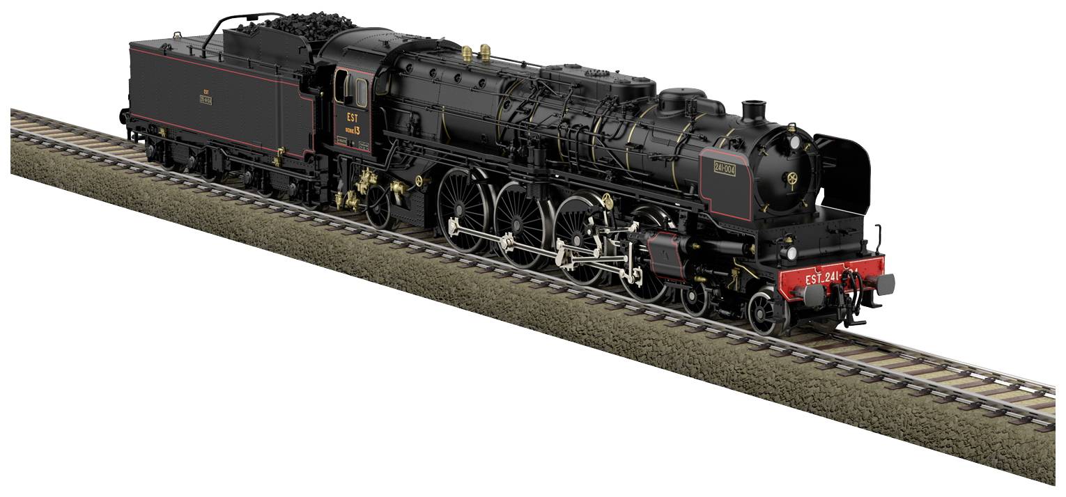 Black steam locomotive on track, side view. Detailed labelling and wheels visible. No surroundings to be seen.