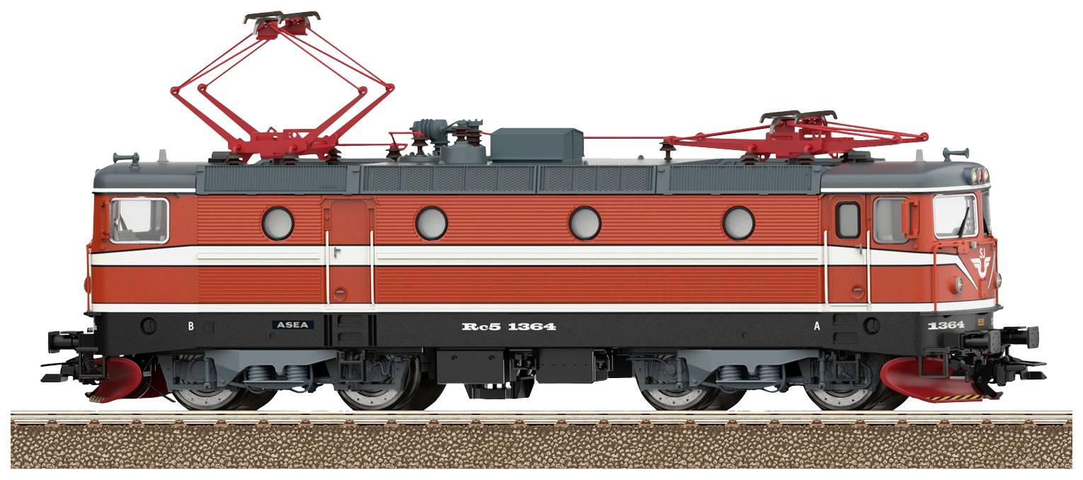 A model of a red and white electric locomotive with two pantographs, standing on a track.
