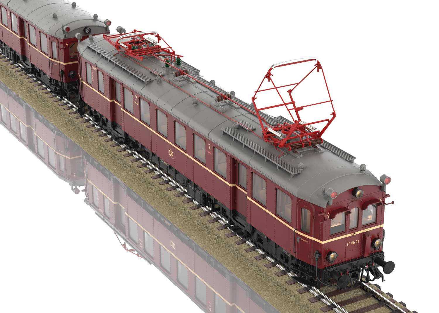 A dark red historical train with overhead power collectors travels on railway tracks, viewed from above and slightly from the side.