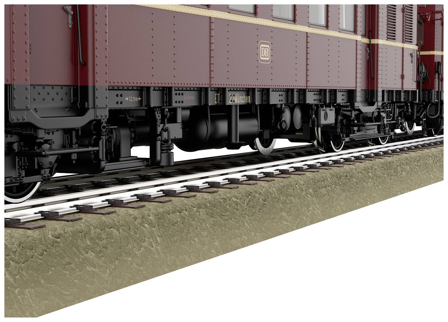 A red railway carriage on train tracks. The focus is on the undercarriage and wheels. The train is shown in a detailed view.