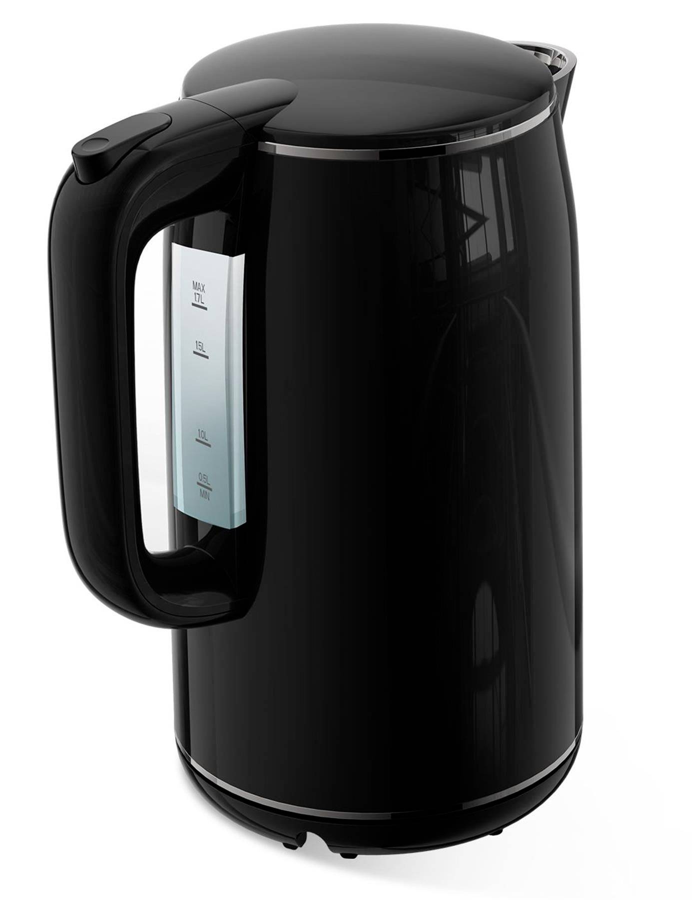 A black electric kettle with a rounded handle and water level indicator scale on the side, sitting on a flat surface.