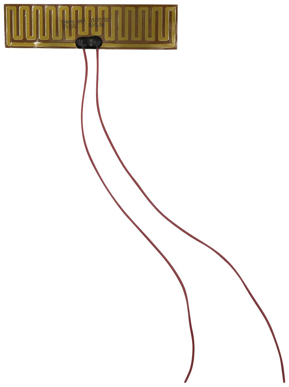 A rectangular heating element with integrated conductive tracks and two red wires used for electrical connections.