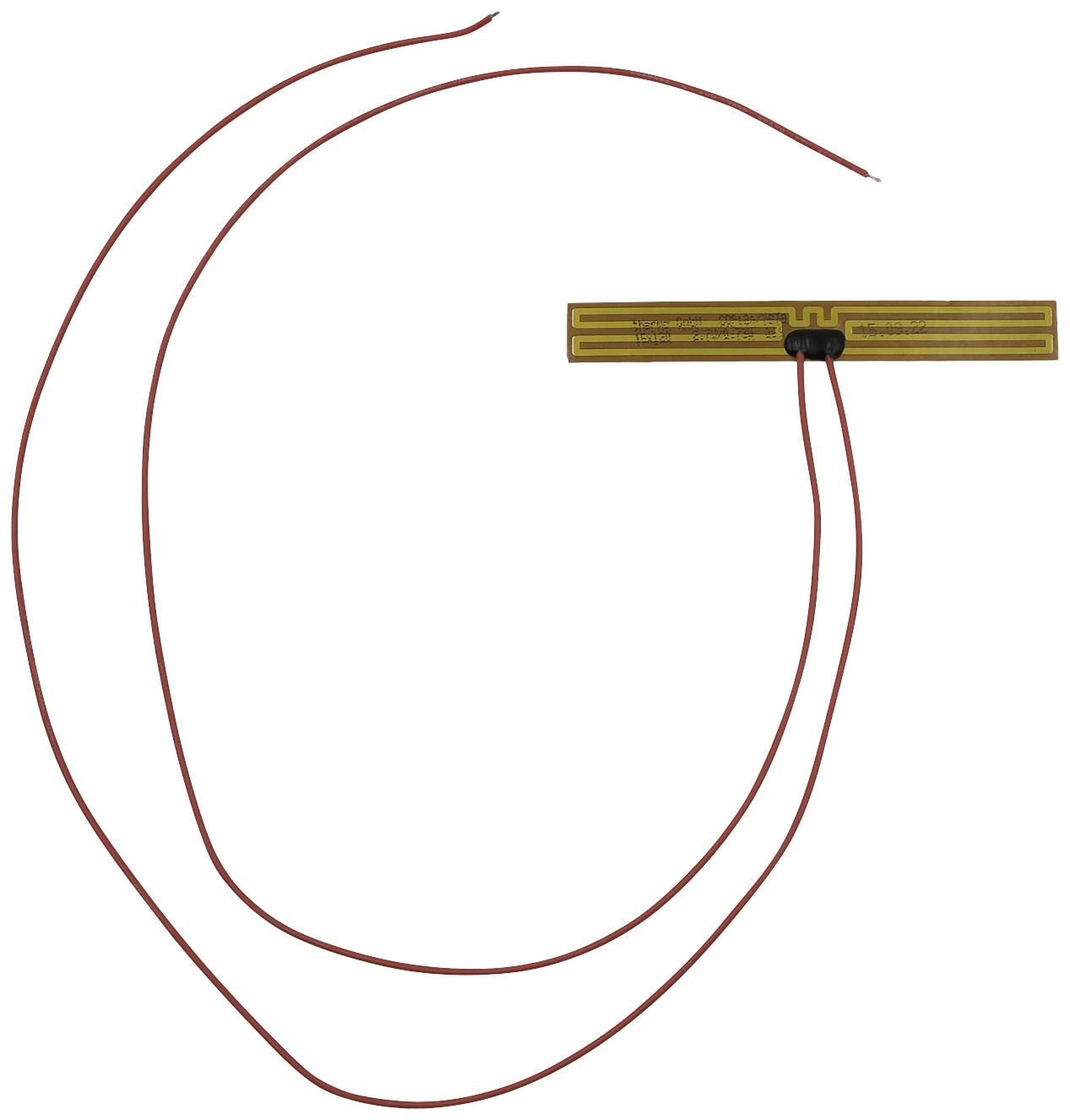 A long, rectangular sensor with two red wires protruding from the centre. The sensor appears flat and is gold-coloured.