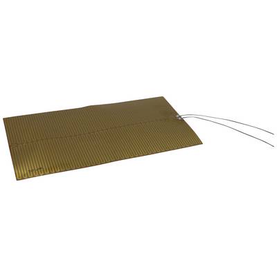 A rectangular, flexible heating element with thin, parallel running lines and two protruding wires on one side.