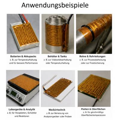 Overview "Application Examples": six examples of flexible heating foils on batteries, containers, pipes, laboratory equipment, medical technology and plates and surfaces.