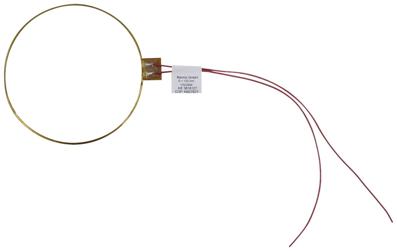 Small round gold-coloured wire with an electronic component and two red connecting cables.