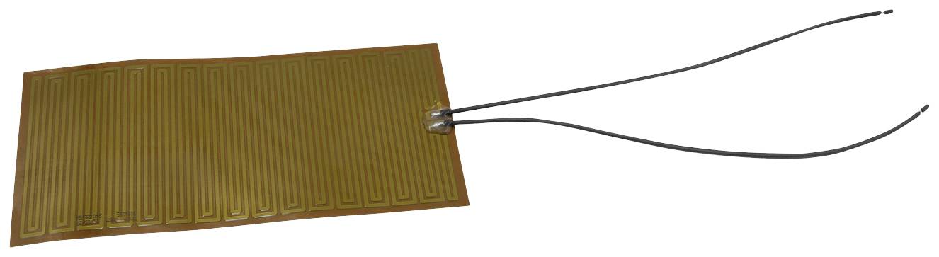 A rectangular, flexible heating element with long, connected wires for power supply.