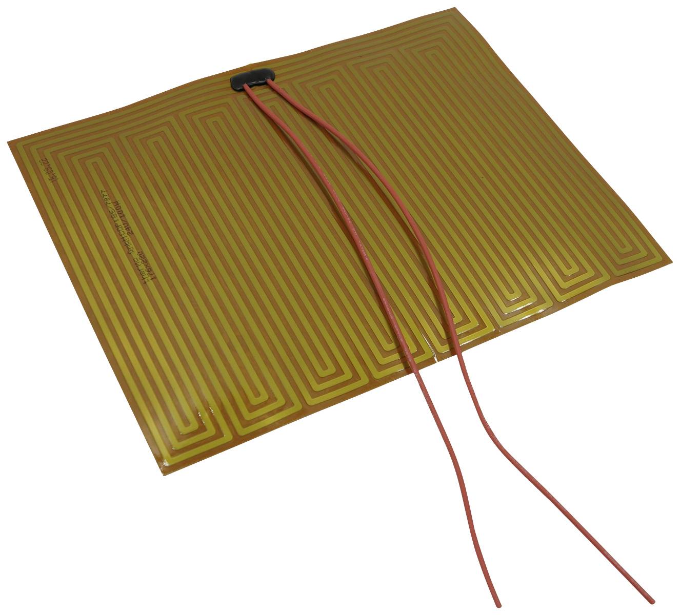 A rectangular, yellow heating element with red connection wires, designed to provide uniform heat distribution.