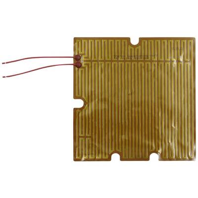 A flexible heating film with fine, meandering heating tracks and two red connecting cables.