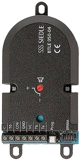 Electronic device with six connections at the bottom, marked with 'SSS Siedle' and 'BTLE 050-04'. Two screws and CE marking at the top.