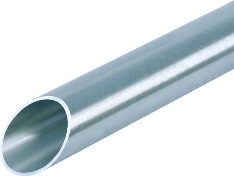 Silver metal pipe, shown at an angle, with a smooth, reflective surface.