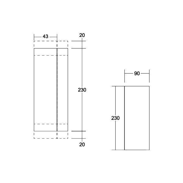 Technical drawing shows two views of a rectangular object. Dimensions: 230 height, 43 width on the left, 90 width on the right, each with 20 spacing at the top/bottom.