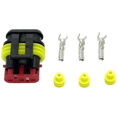 A black connector plug with yellow seals, three metal contacts and three yellow seals separately. Electronic component.